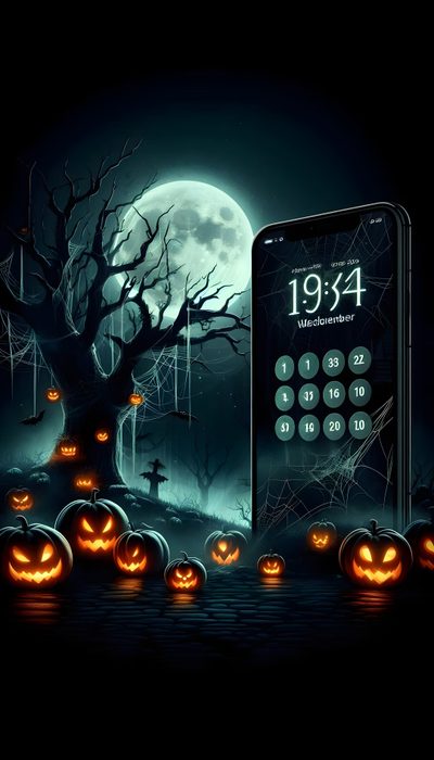 a cell phone sitting on top of a table next to pumpkins in front of a full moon Modern Smartphone With Halloween Iphone Iphone Scary Halloween Background, Android Halloween, Halloween Phone Gif, black