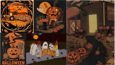 an image of halloween pictures with pumpkins Cute Aesthetic Halloween For Computer Laptop Halloween, Aesthetic Ipad Horizontal Halloween, Halloween Laptop Backgrounds, dark olive green