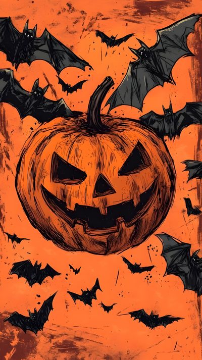a pumpkin with bats flying around it on an orange and black background that looks like halloween Black And Orange Halloween Spooky Halloween Background Drawing, Spooky Drawings Halloween, Halloween Wall Paper Design, chocolate