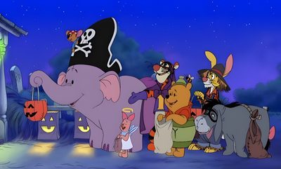 many cartoon characters are dressed up as witches and elephants in front of a halloween scene Winnie The Pooh Halloween Desktop Poohs Heffalump Halloween Movie Poster, Pooh Heffalump Halloween Movie, Poohs Heffalump Halloween Movie 2005, dark slate blue
