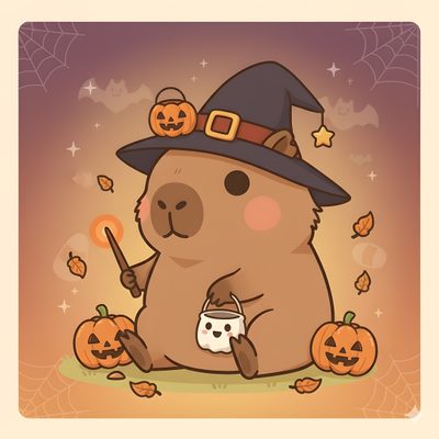 a cartoon bear wearing a witches hat and holding a mug with pumpkins on it Capybara Halloween Halloween Cute Capybara Cartoon, Capybara Cartoon Halloween, Capybara Halloween Drawing, peru