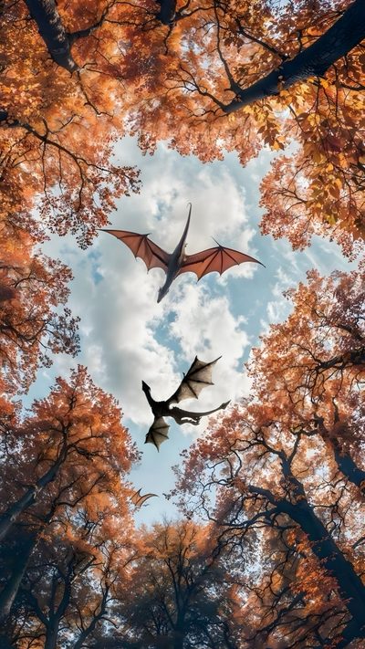 two bats flying through the air in front of trees with orange and red leaves on them Dragon Halloween Dragon Tree, Dragon Backgrounds, Forth Wing Background, Fourth Wing Background, sienna