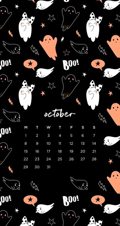 a calendar with ghost faces and stars in the background, as well as numbers for each month Cute Halloween Iphone Count Down Cute October, October Cute, October 2020 Calendar, black