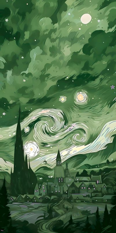 an image of the starry night with trees and buildings Aesthetic Sage Green Halloween Backgrounds Iphone Green, Ipad Green Aesthetic, Emerald Green Aesthetic Iphone,