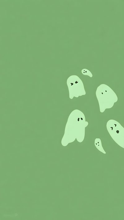five ghost like creatures floating in the air with their heads down and eyes wide open Cute Green Halloween Halloween Backgrounds Aesthetic, Aesthetic Sage Green Halloween, Cute Green Halloween,