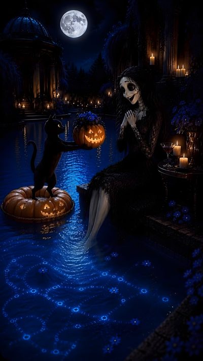 a woman sitting on a bench next to a black cat in the water at night Halloween Gift Future Society, Classy Halloween, Halloween Music, Thanks For The Gift, black