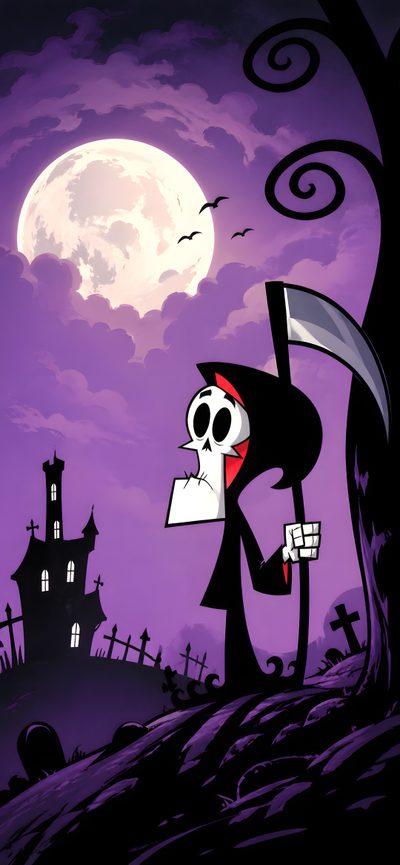 a cartoon character holding a sign in front of a full moon and graveyard with bats Cartoon Network Halloween Cn, Dark Spooky Aesthetic, Billy And Mandy, Cartoon, dark slate blue