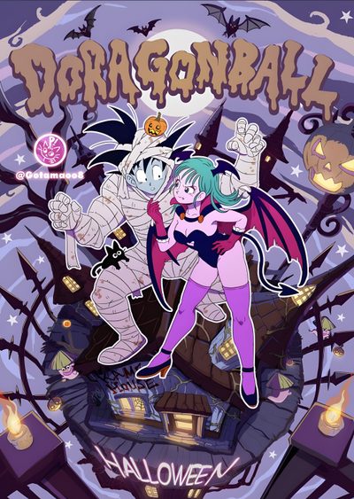 an image of two cartoon characters in front of a halloween scene with bats and pumpkins Dragon Ball Halloween Dragon Ball Halloween Official Art, Demon Bulma, Bulma Halloween, Halloween Goku, gray