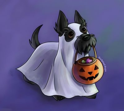 a dog dressed up as a ghost with a trick in its mouth and holding a pumpkin basket Halloween Scottish Terrier Scottish Terrier Pumpkin, Dog In Ghost Costume Drawing, Spooky Dog Drawing, dark slate blue