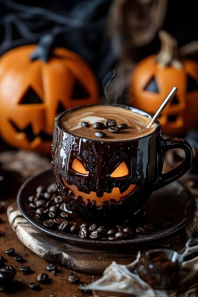 a cup of hot chocolate with pumpkins on the side and coffee beans around it Halloween Coffee Halloween Coffee Ideas, Halloween Coffee Pics, Halloween Coffee, black