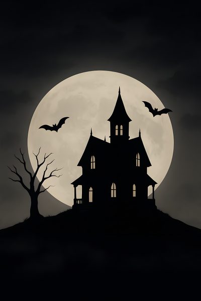 a spooky house with bats flying over it and the moon in the background Halloween House Ideas Vampire House, Halloween House Silhouette Drawing, Scary Houses, black