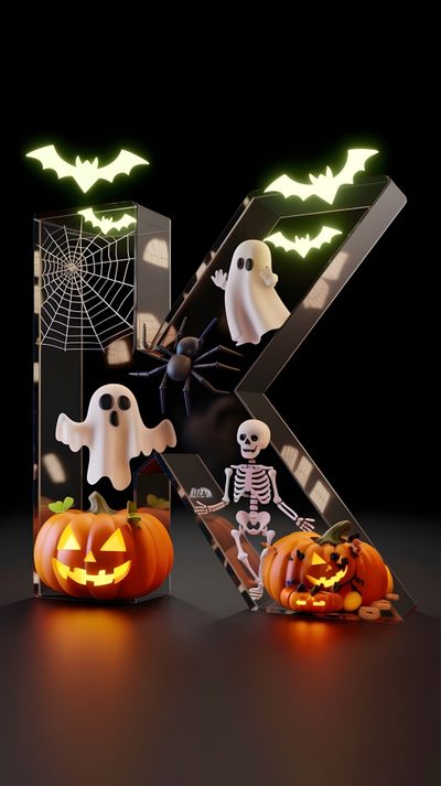 the letter k is decorated with halloween pumpkins and ghostes as well as two jack - o'- lanterns Halloween Name Initials, Skull, Halloween, Design, Letter Art Design, K Letter Images, black