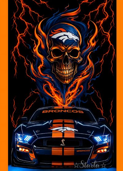 a car with flames and a skull on the hood Broncos Halloween Drawings, black