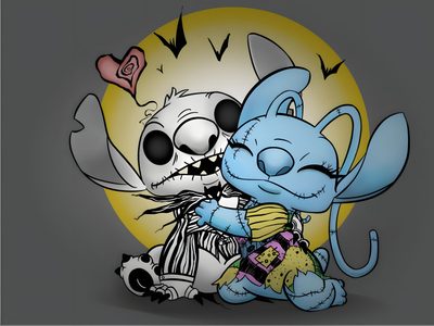two cartoon characters hugging each other in front of a full moon with spooky eyes Halloween Stitch And Angel Stitch And Angel, Cute Stitch, Ángeles Y Demonios, Halloween, dark slate gray