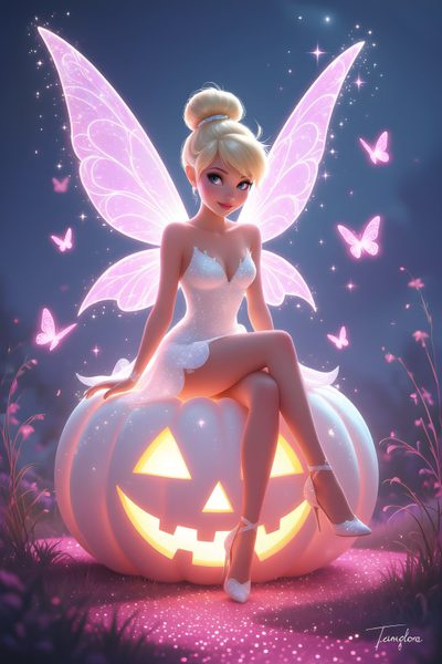 a fairy sitting on top of a pumpkin Tinkerbell Halloween Tinkerbell Pictures, Princess Palace, Tinkerbell Party, Fee Clochette, dim gray