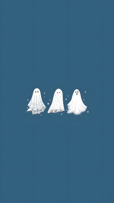 three ghost like creatures standing in the middle of a blue background with snow flakes Cute Light Blue Halloween Cute Ghost, Halloween Decoration Ideas, Halloween Ghost Art,