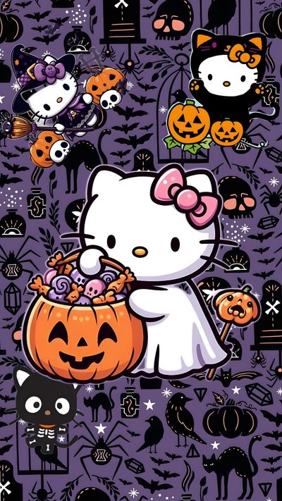 a hello kitty halloween wallpaper with pumpkins and cats in the background on purple Purple Hello Kitty Halloween Spooky Halloween Hello Kitty, Iphone Cute Hello Kitty Halloween, Cute Hello Kitty Halloween, dim gray