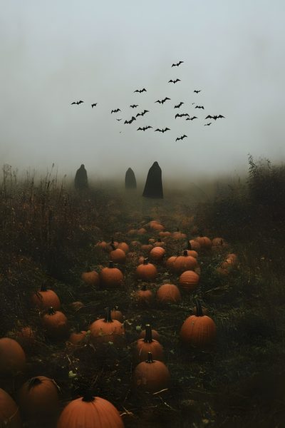 there are many pumpkins in the field with birds flying over them on a foggy day Rustic Halloween Autumn Spooky Aesthetic, Spooky Fall Aesthetic, Spooky Autumn Aesthetic, dark olive green