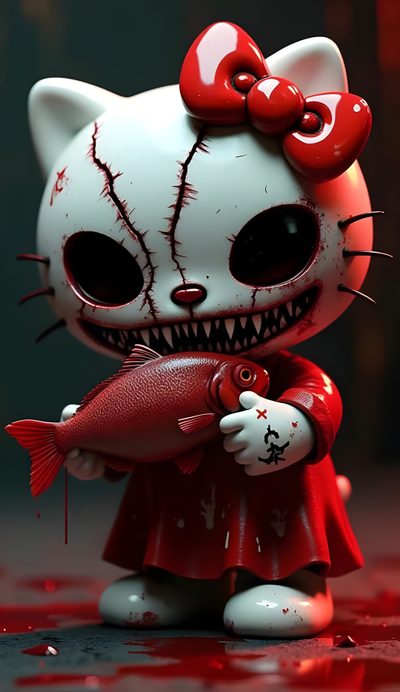 a hello kitty figurine holding a fish with blood all over it's body Halloween Hello Kitty 3d Skull Cupcakes, Creepy Gif, Scary Images, Animal Caricature, dark slate gray