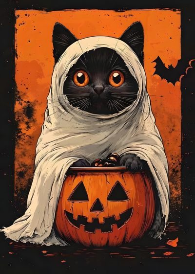 a black cat wearing a white cape and sitting on top of a pumpkin Halloween Cat 4k Helloween Cat, Animated Halloween Cat, Halloween Cat Ideas, saddle brown