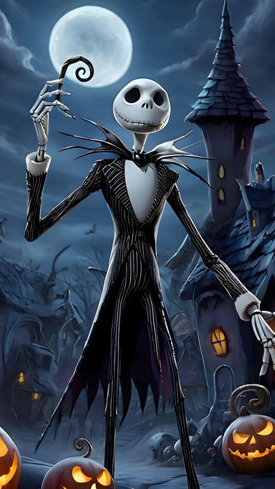 a halloween scene with jack skellingy and pumpkins Happy Halloween Jack Skellington Jack Skellington Iphone, Nightmare Before Christmas Jack, Jake Skellington, dark slate gray