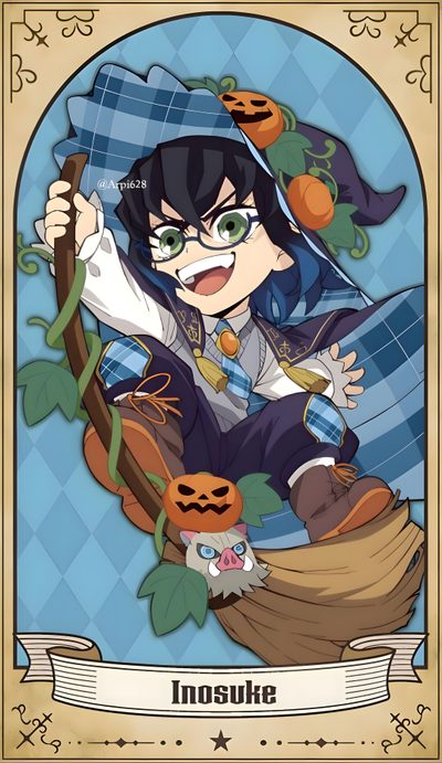 an anime character holding a broom and pumpkins in front of a frame with the words ins Inosuke Halloween Demon Slayer Halloween Backgrounds, Demon Slayer Halloween, Halloween Demon Slayer, light slate gray