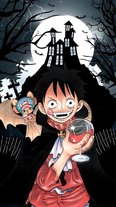 a cartoon character holding a wine glass in front of a full moon Luffy Halloween One Piece Fall, One Piece Halloween Pfp, Halloween One Piece, dark slate gray