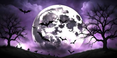 bats flying in front of a full moon with purple clouds and trees on the hill Halloween Bat Moon Purple Large Beautiful Dark Art, Dark Art, dark slate blue