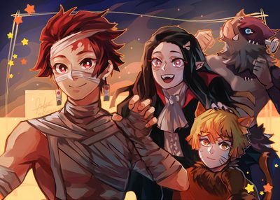 three people with bandages on their faces are standing in front of a night sky and stars Halloween Demon Slayer Tanjiro Halloween Fanart, Demon Slayer Halloween Pictures, Demon Slayer Halloween Inosuke, dark olive green