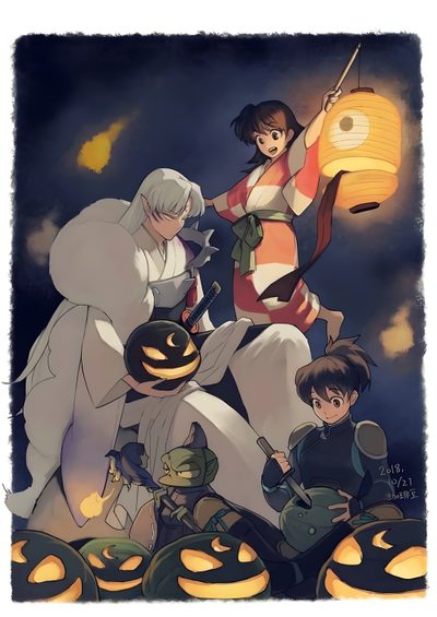 an image of some people with pumpkins in the air and one person holding a lantern Inuyasha Halloween Awesome Anime, Art, Fan Art, Inuyasha And Sesshomaru, Art Inspiration, Inuyasha, dim gray