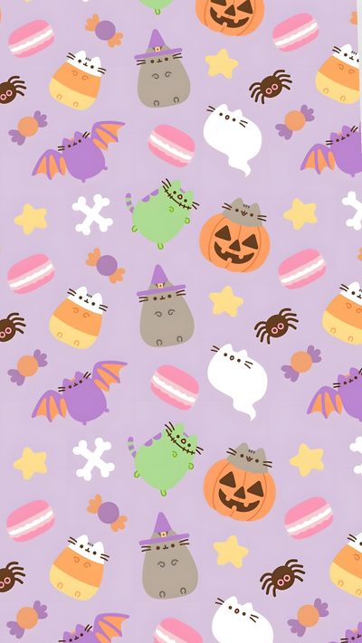 Cute Halloween Decor Inspiration, Cute Halloween Wallpaper, Halloween Phone Background Ideas, Halloween Pusheen Pattern, Purple Halloween Pattern, Adopt Me Halloween Wallpaper, Cute Halloween Phone Backgrounds, Cute Halloween Phone Wallpaper, Fall Wallpaper Purple Halloween Pastel Scary Cute Halloween Decor Inspiration, Cute Halloween, Halloween Phone Background Ideas, thistle