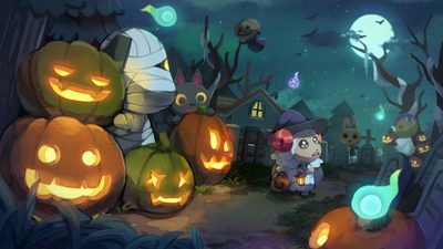 an animated halloween scene with pumpkins and cats in the background, all lit up Acnh Halloween Nintendo Halloween Art, Acnh Fall, Animal Crossing Fall Background, dark slate gray