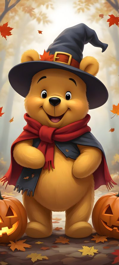 a cartoon bear wearing a witches hat and scarf with pumpkins in front of it Disney Halloween Winnie The Pooh Eeyore Images, Cute Screen Savers, Cake Pop Decorating, sienna