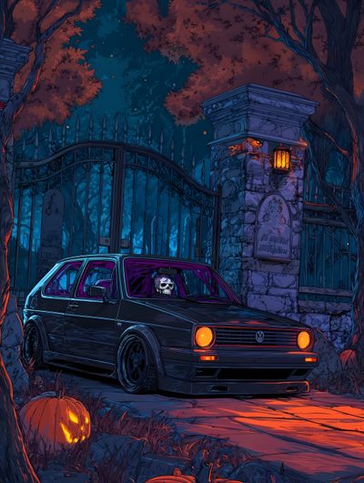 a black car parked in front of a gate with pumpkins on the ground next to it Halloween Car Golf Mk2, Batman Comic, Harry Potter Books, Dream Garage, Car Drawings, dark slate gray