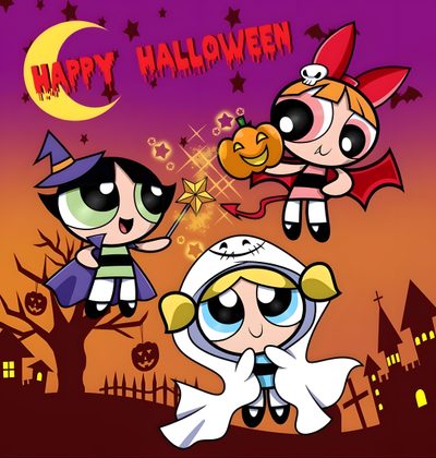 the powerpuff girls in halloween costumes are flying through the air with bats and pumpkins Powerpuff Girls Halloween Halloween Power Puff, Powerpuff Girls Thanksgiving, Powerpuff Girls Fall, brown