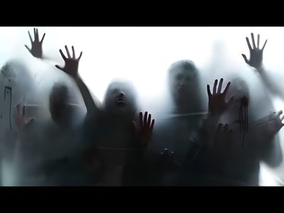 several people with their hands up in front of a foggy background and text that reads, Halloween Zombie Screensaver For Pc, Ghost Video, Live Zombie, Zombie Apocalypse Live, dark slate gray