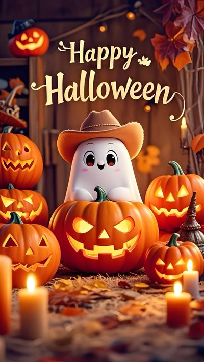 a halloween scene with pumpkins and ghost in the background, text reads happy halloween Happy Halloween 2025 Cute Happy Halloween Photos, Happy Happy Halloween Images, Happy Halloween Wishes Images, saddle brown