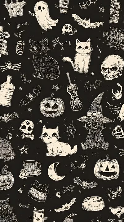 black and white halloween themed wallpaper with cats, bats, pumpkins, ghost heads Black And While Halloween Silly Skeleton, Halloween Black And White, Candy Buckets, Cat Lounge,