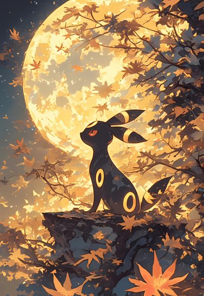 a rabbit sitting on top of a tree in front of a full moon with leaves Halloween Umbreon Umbreon Wall Paper, Pokemon Umbreon, Cool Pokemon, Umbreon Moon, Umbreon And Espeon, sienna