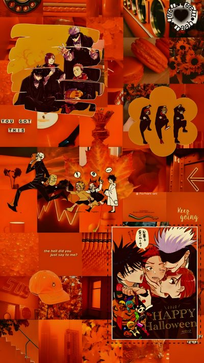 an orange background with many different pictures and words Halloween Jjk Halloween Jjk, Jujutsu Kaisen Halloween, Jujustu Kaisen Halloween Pfp, firebrick