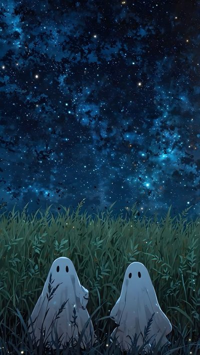 two ghost heads are sitting in the grass at night with stars above and behind them Teen Halloween Matching Halloween, Ghost Iphone, Ghost Phone Aesthetic, Spooky, Phone Ghost, dark slate gray