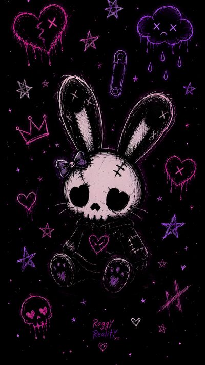 a drawing of a rabbit with hearts and stars on it's chest, sitting in front of a black background Halloween Bunny For Phone Cute Scary Background, Different For Phone, Sketchy, black