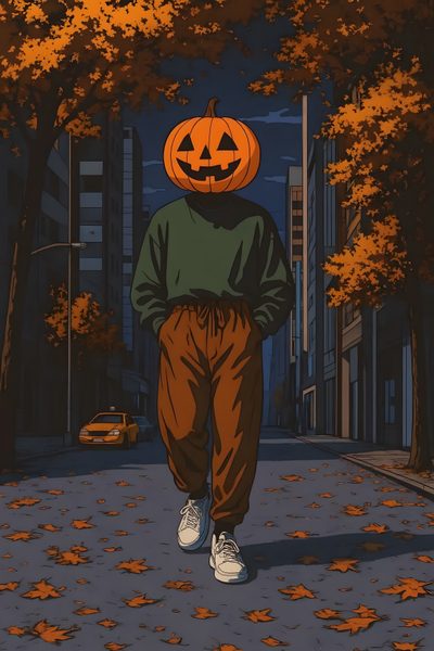 a person walking down a street with a jack - o'- lantern on their head Aesthetic Halloween Boys Gothic Characters, Pumpkin Head Man Drawing, Halloween Pumpkin Man Drawing, dark slate gray