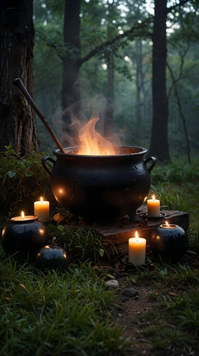 a large pot with some lit candles in the grass next to it and several smaller ones around it Halloween Witch Cauldron Cauldron, Halloween Cauldron, Cauldron Aesthetic, Work Vision Board, Witchy, black