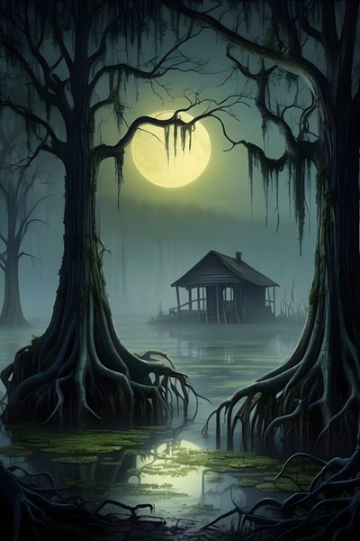 a swampy area with trees and a house in the background at night time, under a full moon Halloween Swamp Swamp Scenery, Haunted Swamp Background, Swamp Pictures Drawing, Swamp House, dark slate gray