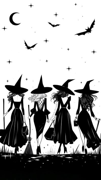 black and white drawing of witches flying in the sky Halloween Witch For Bedroom Aesthetic Witches, Witch Themed, Witches Iphone, Nature Witch, white