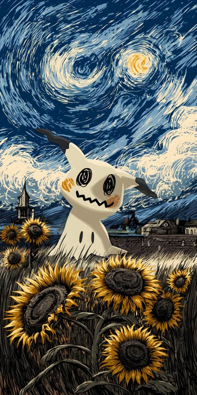 a painting of a ghost with sunflowers in front of a starry sky Ghost Pokemon Halloween Phone Patterns, Pokemon Halloween, Ghost Type Pokemon, dark slate gray