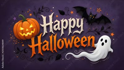 happy halloween banner with ghost and pumpkin Happy Halloween 4k Purple Pumpkin, Glow Pumpkin, Halloween Backdrop, Spooky Halloween Party, dark slate gray