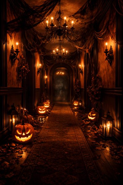 a long hallway decorated with pumpkins and candles Halloween Hallway Hallway To Halloween, Halloween Cute, Spooky Hallway Scene, October, Glow Pumpkin, black