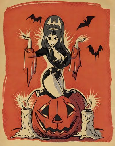 a drawing of a woman sitting on top of a pumpkin with bats flying around her Halloween Pinup Art Halloween Pin Up, Vintage Halloween Pinup, Vintage Retro Art, sienna